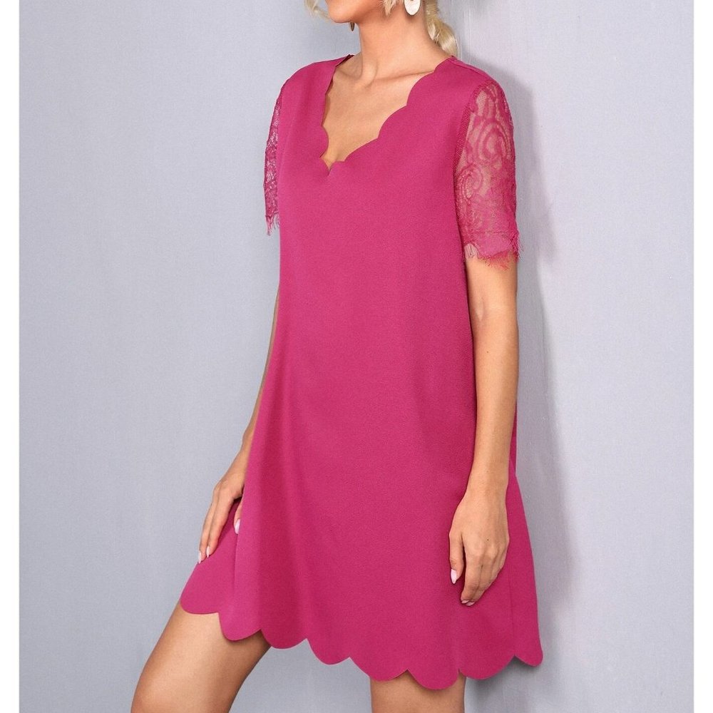 NEW Sheer Lace Sleeve Scallop Trim Dress